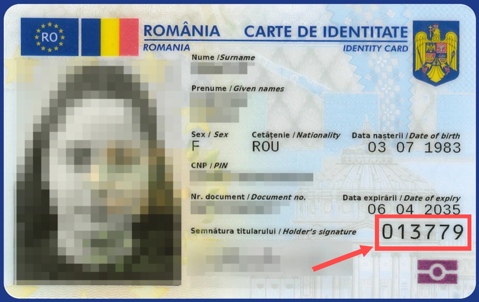 Location of the CAN code on the Electronic Identity Card